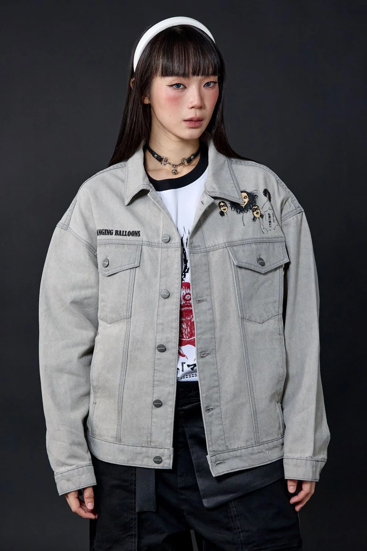 Jack Russel X Junji Ito - Unisex Jackets - Meisterwerk JK-BLOON/GY Terumi Floating Head Oversize Ash Grey Jacket
